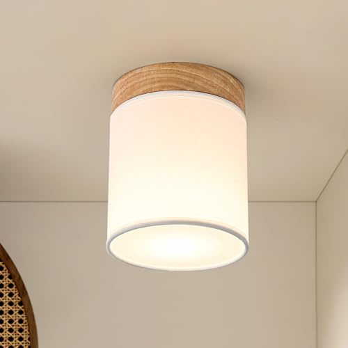 Doughelec Lámpara de Techo 1 Focos Redonda, Madera Plafones de Techo E14 Plafón Foco de techo Retro Interior Para Cocina Pasillos Salón Dormitorios, Sin Bombilla