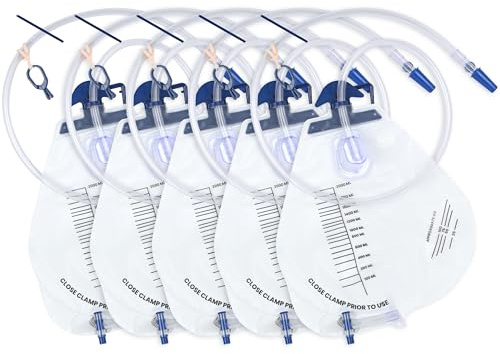 BeHerk Katheterbeutel für Männer und Frauen, 2000 ml, professionelle Harn-Drainagebeutel mit Anti-Reflux-Tropfkammer, 121,9 cm über Nacht, verstellbare Clips und Haken zum Aufhängen, 5 Stück