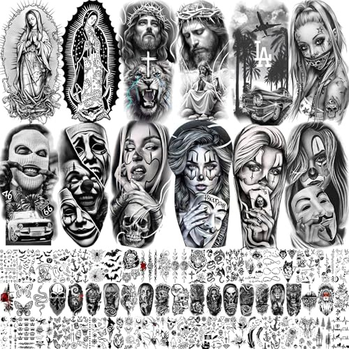 73 Blätter Chicano Temporäre Tattoos Damen Herren Klebetattoos Erwachsene, Guadalupe Halloween Tattoo Aufkleber Haut Frauen Männer Religion Chicana Gangster Gefangener Joker Fake Tattoo Jesus Christus