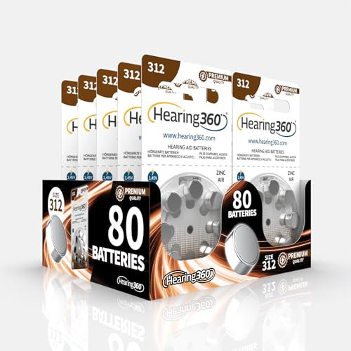Hearing360 80 batterie per apparecchi acustici misura 312 qualità premium, durata extra, compatibili con tutti i modelli, senza mercurio (10 blister da 8 pile)