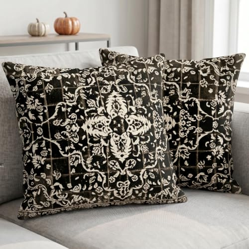 JANGYUHH 2er Set Outdoor Kissenbezug 50x50 cm Boho Vintage Kissen Schwarz Exotisch Sofakissen Samt Kissenbezüge Abstrakt Dekorative Kissenhülle für Garten Sofa Studie Wohnzimmer Bett