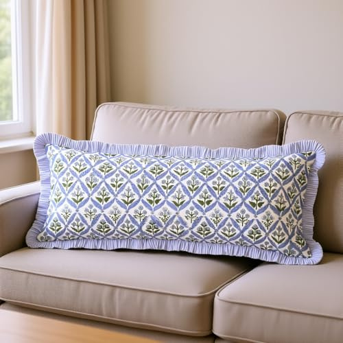 Ridhi Block Print Light Steel Blue 36x14 Set 1-100% Cotton Ruffle Lumbar Sham Cover Boho Floral Pillowcase, Farmhouse Cottagecore Bedding, Soft Decorative Cover Gift for Spring, Easter, Valentine
