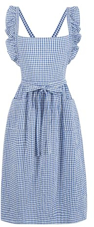 SeedBySea Vintage Gingham Apron for Women, Ruffle Straps, 2 Pockets, Cross Back, Soft Cotton, Apron Dress Style for Cooking & Baking