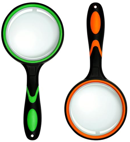 Zorplex 2 Stück Große Lupe, Handlupe 10X Echtglas Vergrößerungsglas mit bruchsicherer Linse und rutschfestem Softgriff, Leselupe für Senioren, Kinder, Bücher, Zeitungen, Insekten und Hobbybeobachtung