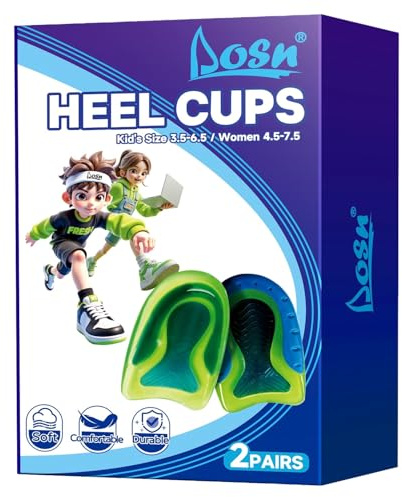 DLOSN 2 Pairs Kids Heel Cups for Heel Pain Sport Shock Absorbing Gel Heel Inserts for Kid's with Sensitive Heels, Heel Spurs, Plantar Fasciitis, or Ankle Pain (Kid's Size 3.5-6.5 / Women 4.5-7.5)