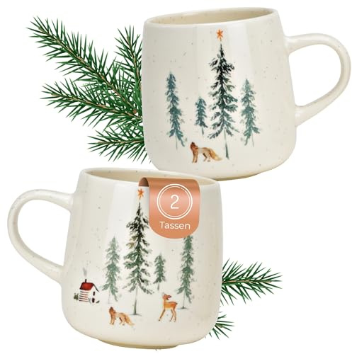 Weihnachtstassen Set Waldlandschaft, Kaffeetassen 500 ml - Tassen für Kaffee & Tee für Weihnachten