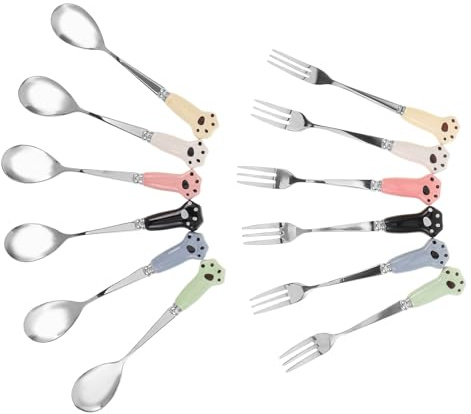 GANAZONO 12PCS Stainless Steel Dog Food Scoop and Fork Set, Long Handle Wet Food Feeding Spoon and Claw Fork for Pets, Multi-Color Pet Feeding Tools for Dogs and Cats