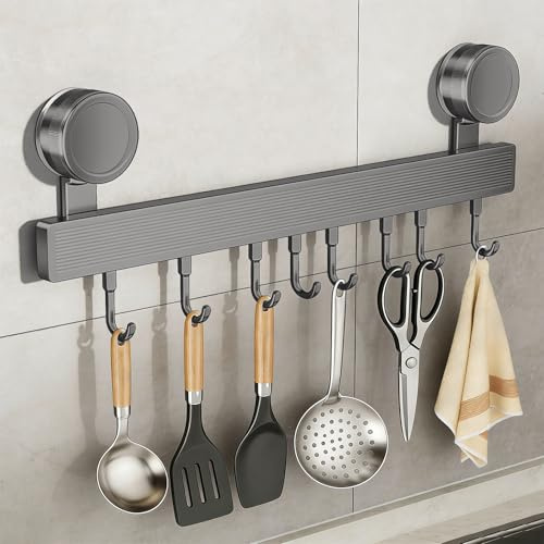 Tbintul Hakenleiste Küche Ohne Bohren mit Saugnapf,40cm/8 Haken Abnehmbare Küchenhaken,20kg Tragfähigkeit Abnehmbare Edelstahl Alu Küchenhaken für Küche Badezimmer Schlafzimmer