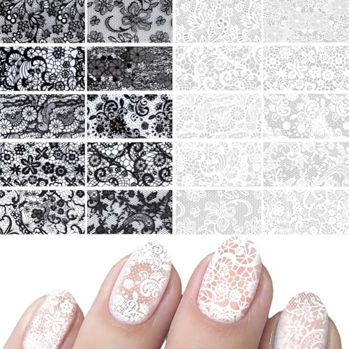 Zosutetoxo Stickers, 20 Pieces Nail Stencils & Transfer Foil Nails, Lace Nail Foil Black White Stamping Stencils For Nails