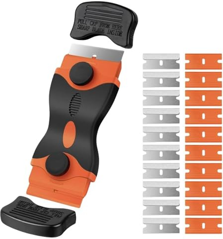 Multi-Functional Dual Head Scraper Tool with 20 Replacement (10 Plastic & 10 Metal) | Non-Scratch Window, Hob & Oven Scraper | Removes Ice, Grease, Stickers, Paint & Adhesive from Glass & Surfaces