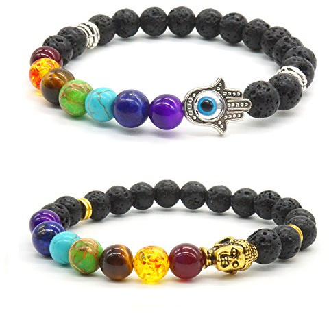 Bracciale elastico con 7 chakra di agata e perle di pietra e base metal, colore: Colour3, cod. L0MXS019