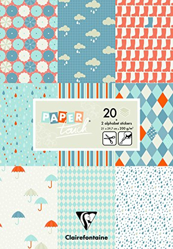 Clairefontaine 95240C - Blocco da 20 fogli a motivi in cartoncino da 200g + Alfabeto adesivo + etichette da ritagliare - formato A4 (21x29,7cm ) – Carta Scrapbooking Hobby creativo - Pioggia
