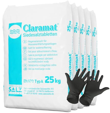 Claramat Siedesalz Tabletten 5 x 25kg (125kg) Siedesalztabletten Regeneriersalz Enthärtersalz inklusiv 1 Paar ARNOMED Einweghandschuh