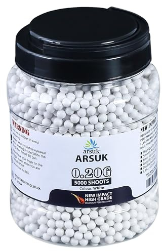 ARSUK 6mm Airsoft BBs 0.20g - Seamless 6mm Plastic Pellets for Precision Target Practice & Tactical Shooting BBs for BB Guns, Airsoft Pistols (0.20g 5K Tub White)