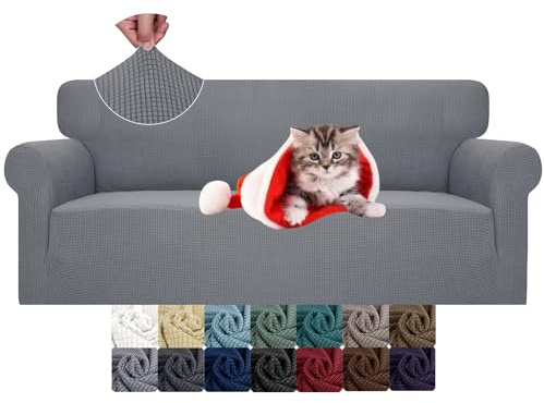 JIVINER High Stretch Couch Covers for 3 Cushion Couch 1-Piece Jacquard Sofa Slipcovers Fitted Washable Sofa Covers with Elastic Bottom Furniture Protector for Kids Pets (Sofa, Light Gray)