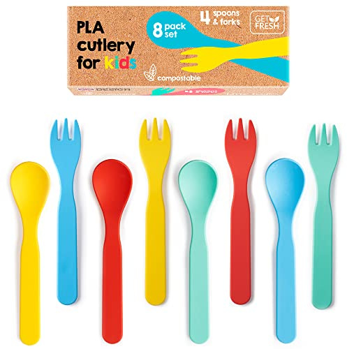 GET FRESH Kids' Reusable Cutlery Set – 8-Pack Melamine Free Utensils – Biodegradable PLA Kids Dinnerware