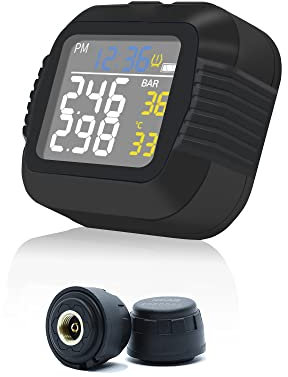 Riloer TPMS - Sistema di monitoraggio della pressione dei pneumatici per moto, con 2 sensori esterni, display LCD wireless, ricarica USB, adatto per biciclette, mountain bike