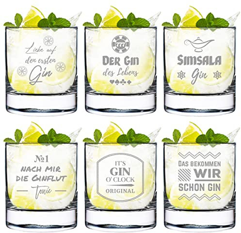 6 bicchieri da Ging con incisione con frasi – 320 ml di volume – Bicchiere da cocktail – Gin & Tonic – per veri intenditori – Tonic Water – per uomo e donna – regalo di compleanno, Natale – 6 proverbi