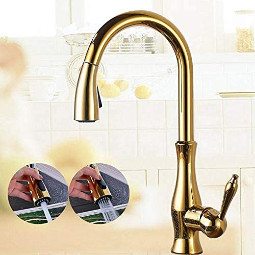 Pkfinrd Faucets Brass Kitchen Faucet 5 Color Rotation High Arch Kitchen Sink Faucet Pull Out Sprayer Hot Cold Water Mixer Tap/Golden Kitchen Tap a