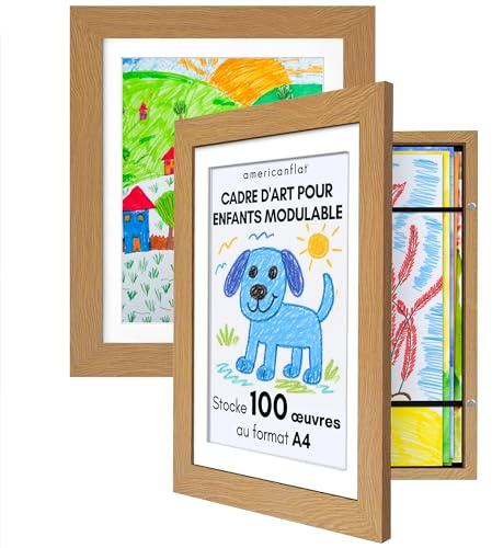 Americanflat Marco Dibujos Infantiles A4 en Roble Oscuro - Cuadro de Almacenamiento para Niños para 100 Unidades, Proyectos de Arte y Fotos - Madera de Ingeniería con Vidrio Resistente - 2 Unidades