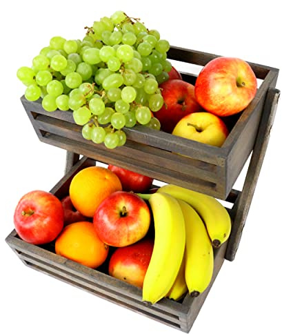 H&S, Fruktkorg av bokträ, fruktkorg, serveringskorg, fruktskål, försäljningsställ, fruktvåning, 2 våningar, perfekt för frukt och grönsaker (antracit)