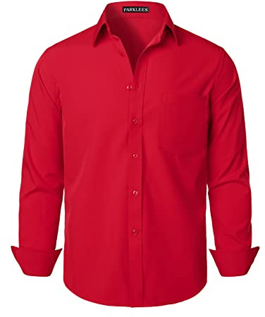 PARKLEES Camicia elegante da uomo, vestibilità regolare, a maniche lunghe, tinta unita, anti-rughe, con bottoni, casual, da lavoro, con taschino, Rosso fiamma., L