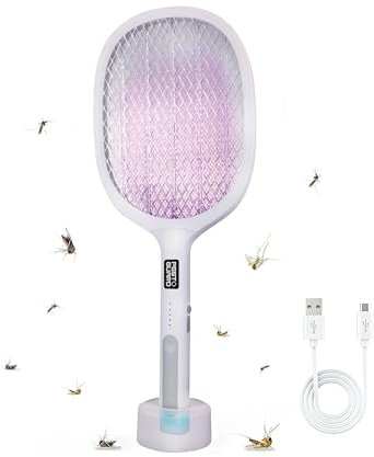 PEST GUARD Fly Zapper 2 in 1 USB Rechargeable Bug Zapper Racket Trap With 3 Layer Mesh Design Bright LED Mosquito Wasp Insect Fruit Fly Swatter for Home Indoor Outdoor Camping Pest Control
