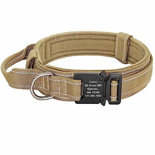 Taktisches Hundehalsband mit Name graviert – Robustes Nylon für maximale Ausdauer – Individuell graviert in Deutschland mit Name, Anschrift & Telefon Khaki/M 36-48cm