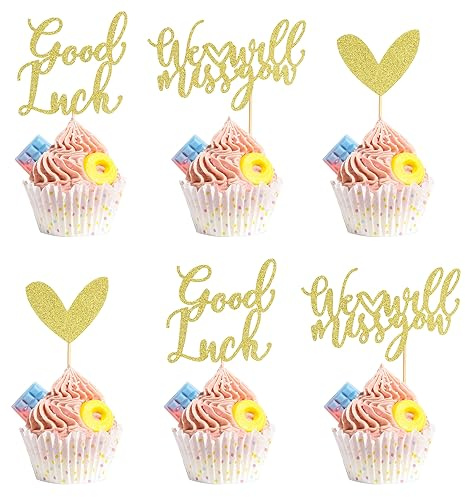 Arthsdite Lot de 24 décorations pour cupcakes « We Will Miss You » en forme de cœur rouge à paillettes - Thème de la retraite - Décorations de gâteaux de fête - Paillettes dorées