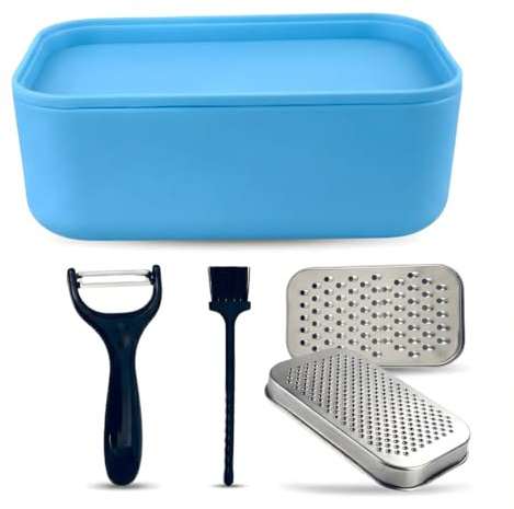 JagKul Cheese Grater Set with Container, 2 Stainless Steel Cutters, Lid, Peeler & Cleaning Brush - Kitchen Vegetables Chopper Set (Blue)