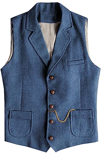 Tuikayoo Västerländskt fiskben tweed kostym väst ull slim fit väst, blå, XS
