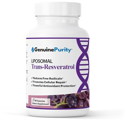 GenuinePurity - Liposomal Trans Resveratrol 500mg, 60 Vegan Capsules to Support Cellular Health, Antioxidant Activity & Overall Wellness - Non-GMO Trans Resveratrol Supplement for Daily Vitality
