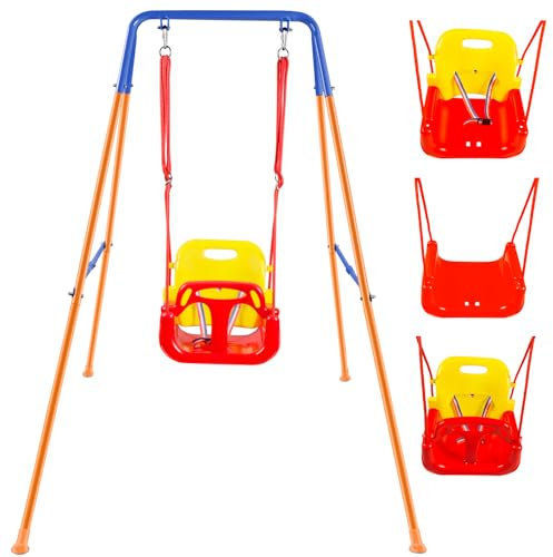 Altalena per Bambini Pieghevole，3-in-1 Altalena da Giardino per Bambini，Giochi per Neonato da Interno/Esterno, Staffa Metallica，Facile da Montare e Conservare，Neonato/Bambini Regali（120x150x153cm）