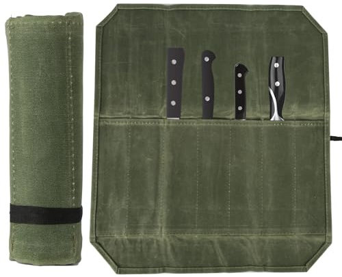 lasuroa Knife Roll Bag, Portable Chef Knife Wrap with 7 Slots Canvas Knife Roll Storage Bag Knife Roll Case Gift for Chefs or Cooking Lovers (Green)