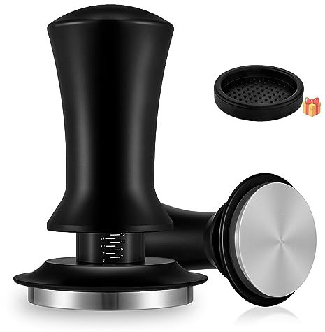 Coffee Tamper 53mm, zhongko Espresso Tamper Tool, Spring Loaded Tamper with Stainless Steel Base, Aluminum Handle and Stand, Barista Coffee Accessories, Black