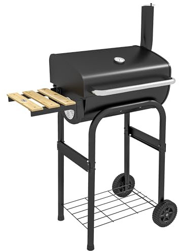Outsunny Holzkohlegrill mit Ablagen, tragbarer BBQ Trolley Smoker mit Rädern, Deckel, Thermometer, Schornstein für Outdoor Garten Party Kochen, Schwarz