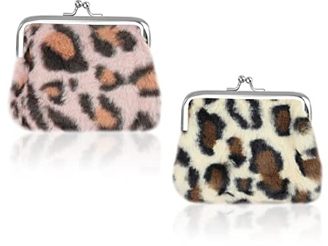 FuninCrea 2 Stücke Münzbörsen, 4inches Plüsch Münzbeutel Kleingeldbörse für Frauen und Mädchen, Mini Täschchen mit Kiss Lock, Kleine Täschchen Mini Geldbeutel Täschchen mit Leopard Muster (Stil 2)