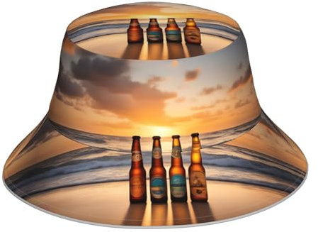 Fashions Reflektierender Fischerhut für Damen und Herren, Schutz-Kopfbedeckung für Reisen, Camping, Flaschen, Bier, Strand, Sonnenuntergang, Zeitdrucke, Schwarz, Schwarz , One size
