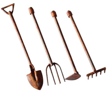 CAXUSD 4 Pezzi Attrezzi da Giardino delle Fate in Lega di Zinco Marrone, Mini Decorazione Vintage per Giardino e Paesaggio