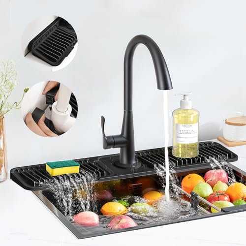 PoYang 24 inch Faucet Mat for Kitchen Sink Splash Guard, 7° Slope Silicone Sink Water Splash Guard for Kitchen Sink Area with Snap Button, Longer Sink Protectors for Kitchen Sink Sponge Holder, Black
