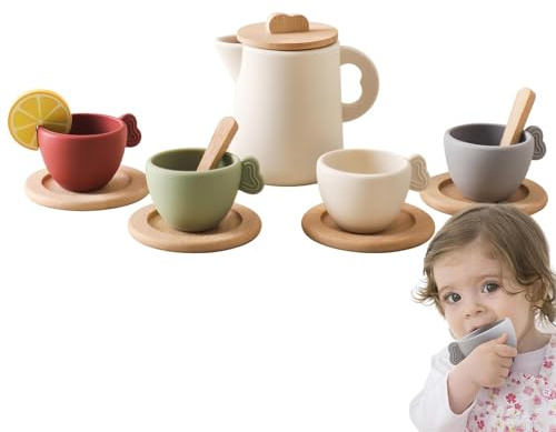 Ensemble de fête à thé pour , Service à thé en Bois, Service à thé Jouet, Jeux pour , Accessoires de Cuisine, Jouets lavables au Lave-Vaisselle, Service à thé pour Tout-Petits Cadeau