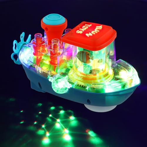 Focenat Jouet Musical et Lumineux 3-en-1 avec Fonction de Mouvement, Jouet à Engrenages Transparent en Forme de Bateau, Jouet Électrique pour Enfants de Plus de 3 Ans