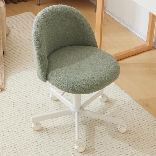 Bonnlo Swivel Makeup Vanity Desk Chair Height Adjustable Wheels Teddy Green | Ergonomic Lumbar Support / Silent 360° Swivel Casters / Height 70-81.5cm / Holds 300lbs / Compact Armless Design / Easy Setup