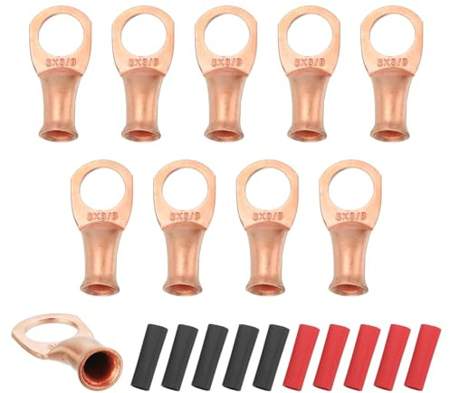 sourcing map 10pcs 8 AWG M10 Battery Lugs Ring Terminals, 3/8 10mm Gold | Stud Crimp Wire Terminal Connector End Copper, 2:1 Heat Shrink Tubing