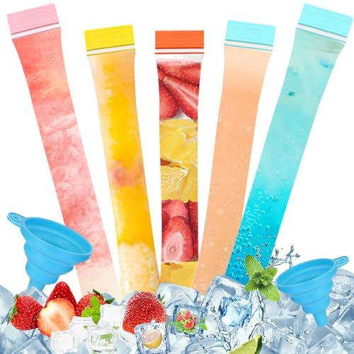 SJUNJIE 250 Stk Wassereis Tüten Wassereistüten Farbe Wassereisbeutel Große | Wassereis Formen Große und Eisformen Kinder mit 2 Trichter BPA-Frei Wiederverwendbar für Saft Joghurt Eiscreme Smoothies