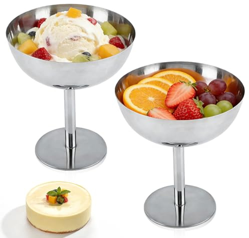 Kukyller 2 Stück Eisbecher, Edelstahl Dessert-Schüssel Becher Dessertbecher Eisbecher Menge Silber Dessertschüssel Metallfuß-Schüssel Behälter für Salat Obst Pudding Eiscreme