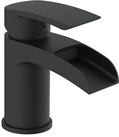 VeeBath Stream Round Waterfall Mono Basin Mixer Tap – Matt Black Finish, Single Lever, Modern Sink Tap with Waste, Deck Mounted Bathroom Tap, Contemporary Design for Bathroom Basins