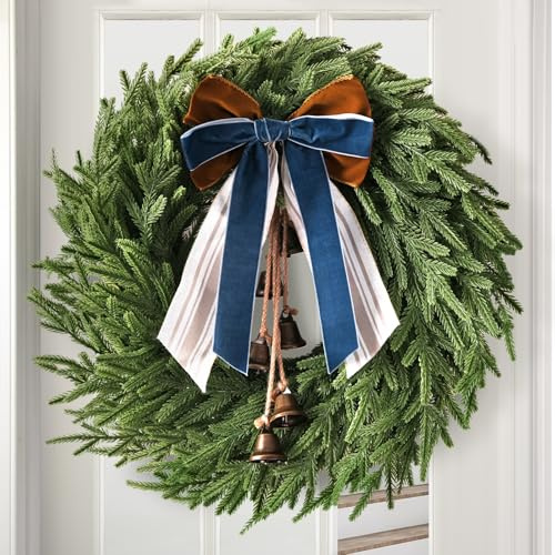 Christmas Decorations - 22 Inch Norfolk Pine Christmas Wreath with Bells and Ribbon - Artificial Pine Greenery Winter Wreath for Home Table Wall Window Porch Door Indoor Outdoor Decor