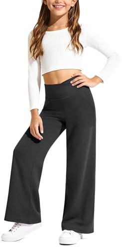 G4Free EverGoing Girls Wide Leg Trousers with Pockets High Waist Soft Stretchy Active Yoga Pants for Teens 11-12 Years(Black,L)