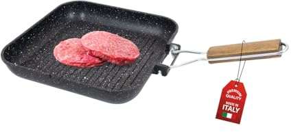 MOHOME Bistecchiera Antiaderente Pietra Premium Quality Made in Italy 26 x 26 cm Alluminio Pressofuso Piano Cottura Grill Fornello Gas Forno Padella Piastra Rigata Manico Pieghevole